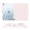 A pink iPad case with a transparent back is shown from multiple angles. Produktbild-Vorschau