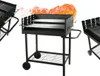 Collage of three images of a black rectangular grill on wheels, with flames visible in the background of the central image. Voir les images du produit