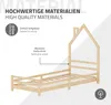 A wooden children's bed frame with a house-shaped headboard, shown with informational text overlays. Náhled obrázku produktu