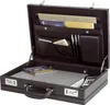 An open black leather attaché briefcase with various compartments and items inside. Podgląd zdjęcia produktu