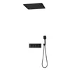 A black shower system with a large overhead shower head, a handheld shower head, and a control panel with multiple knobs, all presented against a white background. Produktbild-Vorschau