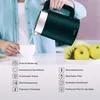 A person is pouring water from a black electric kettle into a white mug, with fruit in the background. Feature icons and text are displayed below. Podgląd zdjęcia produktu