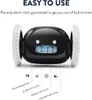 A black alarm clock with wheels is shown on a white background, with text and icons explaining its features. Produktbild-Vorschau