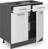 A white and gray kitchen cabinet with two drawers and two doors, shown from a slight angle. Voir les images du produit