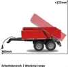 A red tipping trailer is shown with its bed raised, indicating its working range. Dimensions are provided. Produktbild-Vorschau