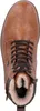 A top-down view of a brown leather boot with black laces and a fluffy beige lining. Produktbild-Vorschau