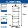 A wall-mounted metal shelf with dimensions and features highlighted. Produktbild-Vorschau