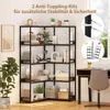 A corner bookshelf filled with various items, next to a desk and chair, with a window in the background. The image also includes marketing graphics about anti-toppling kits. Podgląd zdjęcia produktu