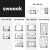 This image displays various rug sizes and their placement in different room settings, including living rooms, bedrooms, and dining areas. It also shows a desk setup with a rug. Produktbild-Vorschau