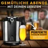 A beer dispenser and a glass of beer are shown on a wooden table, with two blurred people in the background. Podgląd zdjęcia produktu