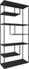 A black metal shelving unit with multiple shelves of varying sizes and configurations. Voir les images du produit