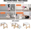 A collage of images showing different uses of a yoga bench, including headstand, yoga block, meditation, and shoulder opening. The bottom of the image shows assembly instructions. Voir les images du produit