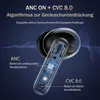 A close-up diagram of an earbud showing its internal circuitry, with text overlays explaining its features. Produktbild-Vorschau