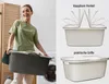 A woman is holding a laundry basket, and two images show a laundry basket with different handle configurations. Produktbild-Vorschau