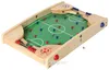 A wooden tabletop soccer game with red and blue player pieces and a green playing field. Produktbild-Vorschau