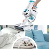 A collage showing a cordless vacuum cleaner being held, a messy bed, a sofa with cushions, and two pets sleeping. Produktbild-Vorschau