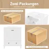 A collage showing two packages and two views of a white bathroom vanity. Náhled obrázku produktu