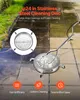 A pressure washer surface cleaner is shown on a tiled patio with grass in the background. Text overlays describe its features. Produktbild-Vorschau