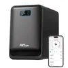A black air purifier is shown next to a smartphone displaying its control app. Produktbild-Vorschau