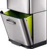 A close-up view of a stainless steel recycling bin with a green inner bucket, showing the opened front flap. Náhľad obrázku produktu