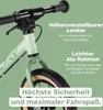 Close-up of a Puky balance bike's handlebars and front wheel, with marketing text highlighting features. Produktbild-Vorschau
