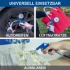 Collage showing different uses of an air compressor tool: inflating a car tire, inflating an air mattress, and blowing dust off a surface. Produktbild-Vorschau