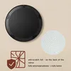 The back of a round mirror is shown next to a close-up of a textured surface, with icons and text describing product features. Produktbild-Vorschau