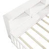 A close-up view of the headboard of a white bed frame with built-in shelving. Produktbild-Vorschau