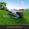 A robotic lawnmower is shown on a grassy slope, with graphics indicating its climbing ability and motor type. Produktbild-Vorschau