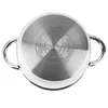 The bottom of a stainless steel pot is shown, with markings and symbols indicating its features and compatibility. Podgląd zdjęcia produktu