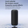 A black cylindrical speaker is shown floating above rippling water, with text describing its features in the background. Produktbild-Vorschau