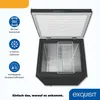 An open chest freezer with informational icons and text on the left, and branding at the bottom right. Produktbild-Vorschau