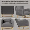 A collage of four images showing different angles of a gray rocking chair with wooden legs and a side pocket. Produktbild-Vorschau
