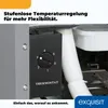 Close-up of a thermostat dial on a grey appliance, with text overlays. Produktbild-Vorschau
