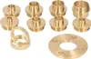A collection of brass router template bushing adapters and a flange, arranged on a white background. Produktbild-Vorschau