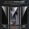 Three smartphone screens are displayed, showcasing a privacy screen protector. The middle screen shows a geometric pattern, while the outer screens are dark, illustrating the privacy feature. Text highlights the limited viewing angle. Produktbild-Vorschau