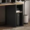 A close-up view of a modern desk with a computer tower and headphones on a shelf. Produktbild-Vorschau