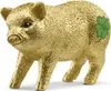 A golden pig figurine with a green clover leaf on its back, isolated on a white background. Produktbild-Vorschau