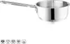 A stainless steel saucepan with a long handle is shown against a white background. Below the saucepan are several circular icons indicating compatibility with different heat sources and features. Produktbild-Vorschau