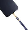 A close-up view of a dark blue phone case with a gold clip attached to a navy blue lanyard. Produktbild-Vorschau