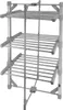 A three-tiered heated clothes drying rack with a silver metal frame and gray plastic parts. Voir les images du produit