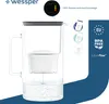 A glass water filter pitcher with a filter cartridge inside, placed on a white and blue background with marketing text and icons. Náhľad obrázku produktu