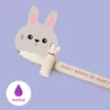 A pen with a bunny design and text "DON'T WORRY BE HOPPY" is shown against a light purple background with a large bunny illustration. Produktbild-Vorschau