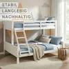 A white bunk bed with blue bedding in a child's room with a mountain-themed mural on the wall. Náhľad obrázku produktu