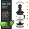 An exploded view diagram of a citrus juicer with numbered parts and accompanying text. Produktbild-Vorschau