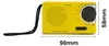 A yellow portable emergency radio with a black strap is shown against a white background. Dimensions are indicated by text overlays. Produktbild-Vorschau