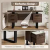 A collage of images showcasing a brown wooden desk with black metal legs, highlighting its design and features. Podgląd zdjęcia produktu