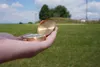 A hand holding an open brass compass in a grassy field. Produktbild-Vorschau