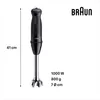 A black Braun hand blender with a silver shaft and blades is shown vertically against a white background. Dimensions and specifications are listed to the right of the blender. Anteprima dell’immagine prodotto