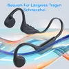 A pair of black bone conduction headphones are shown against a gradient background with abstract colorful wavy lines. Produktbild-Vorschau